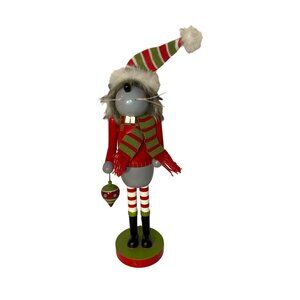 Whimsical Christmas Mouse Figurine With Striped Hat & Scarf